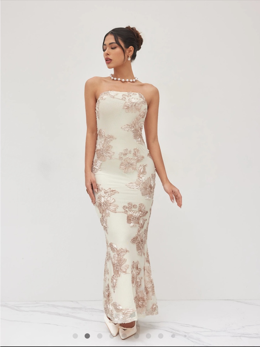 Cider Strapless Cream Dress with Rose-Gold Floral Embroidery